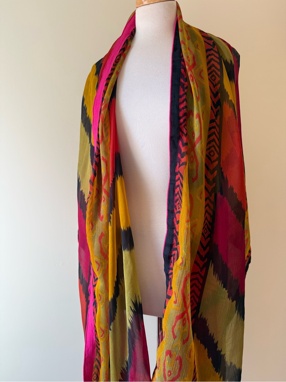 Oversized Boho Ikat Print Wrap Scarf / Shawl – Pink Mustard Olive